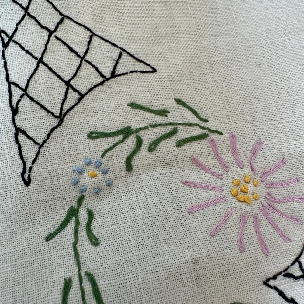 Vintage Hand Embroidered Floral Linen Tablecloth Lace Trim 31x33 Off White